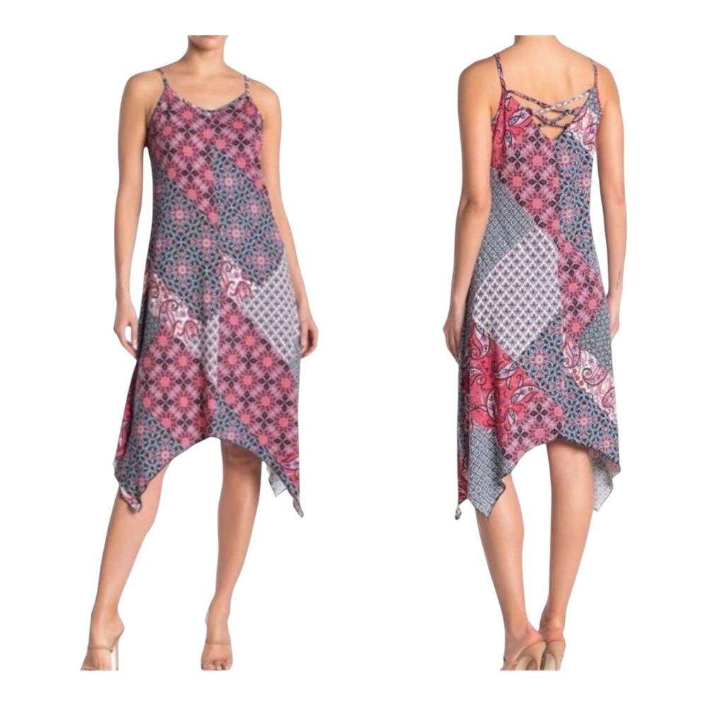Nina Leonard Dress Womens Small Patchwork Handkerchief Hem Sleeveless V Neck